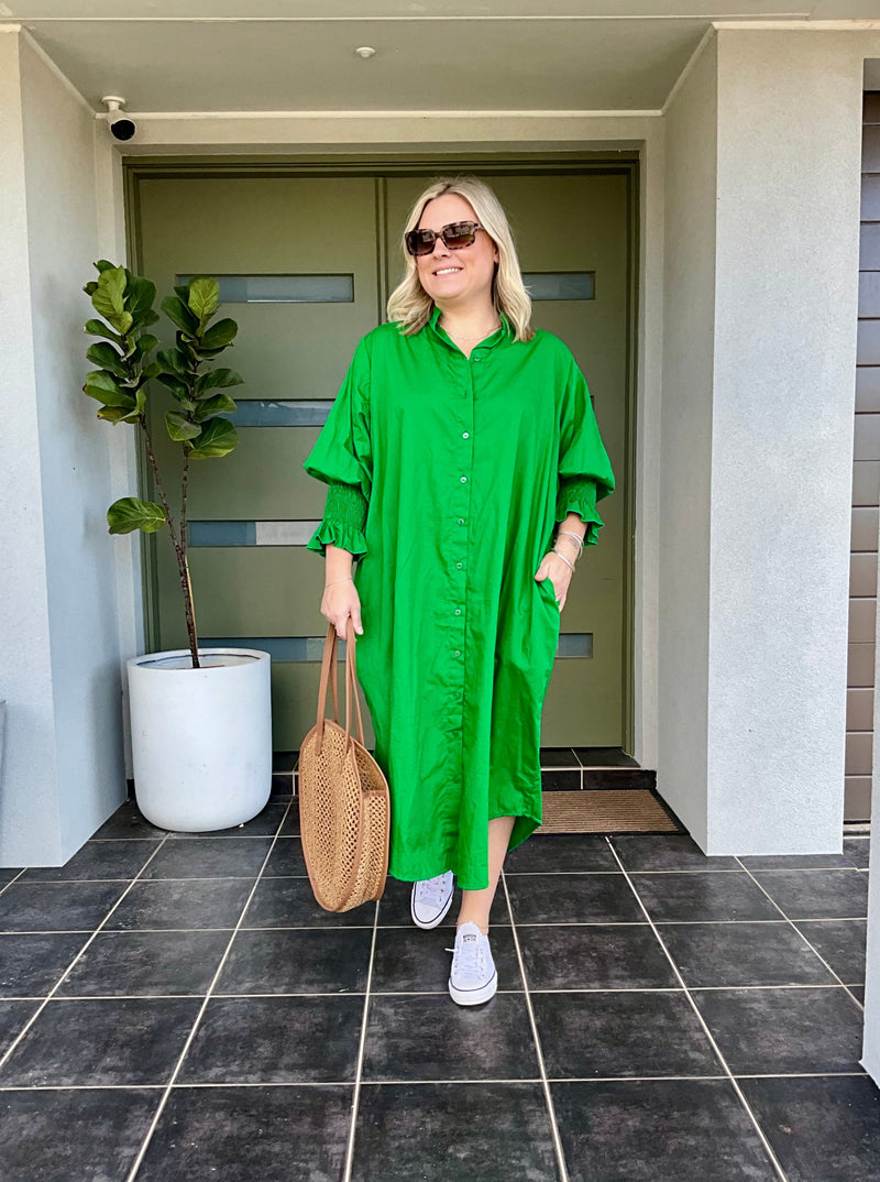 green shirt dress cotton