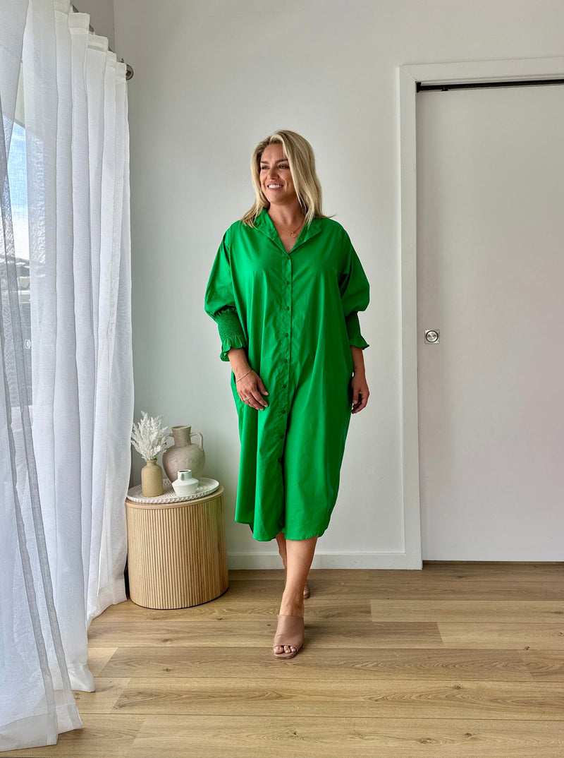 green shirt dress pockets cotton