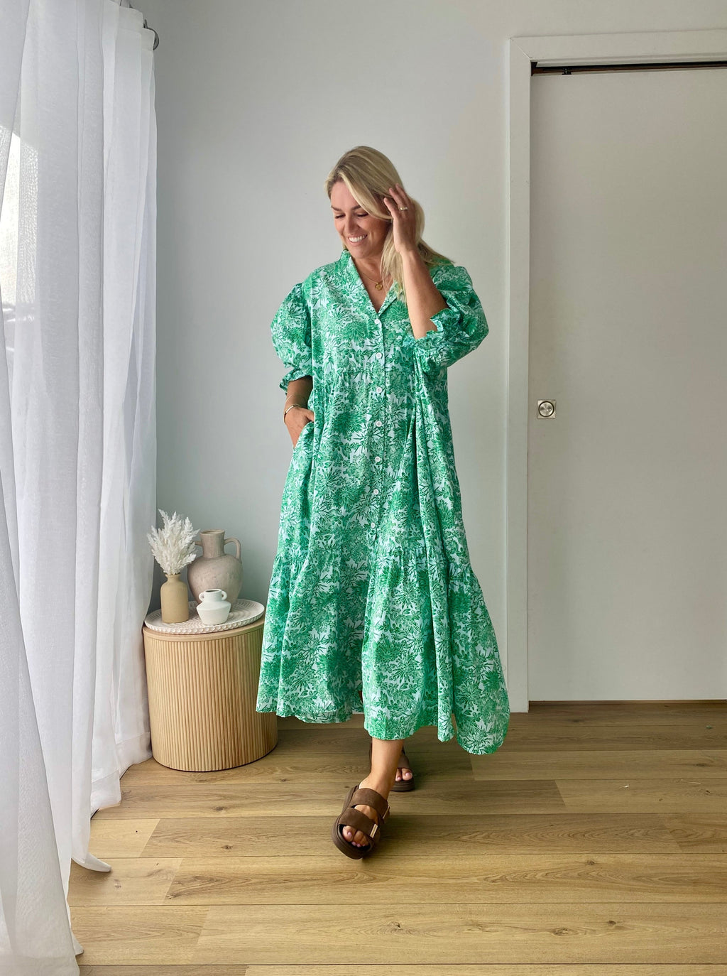 green cotton dress pockets